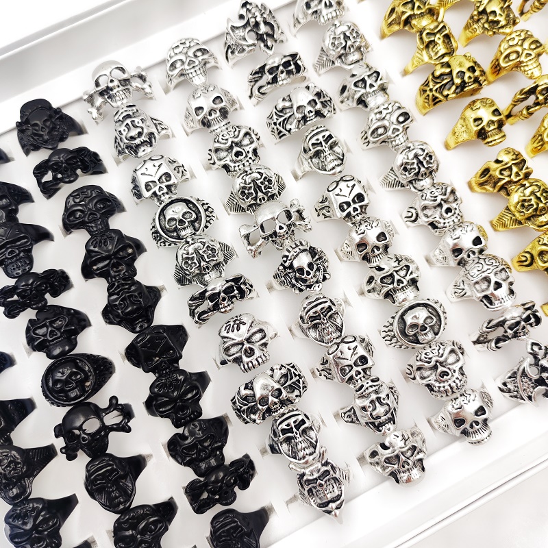Vintage Punk Skull Skeleton Rings Mix Style Silver Plated Gothic Jewelry Lot
